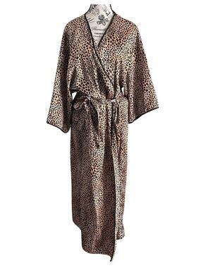 Vintage Y2K Natori Leopard Satin Robe Maxi Lounge Kimono Luxury One Size Duster
